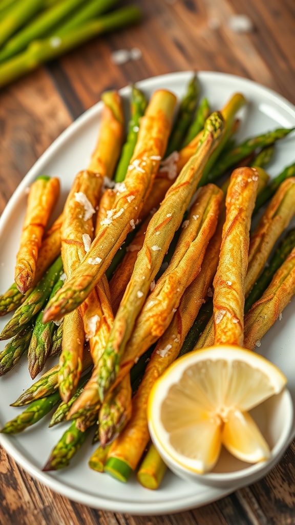 Crispy air-fried asparagus spears garnished with salt and lemon wedges on a wooden table.